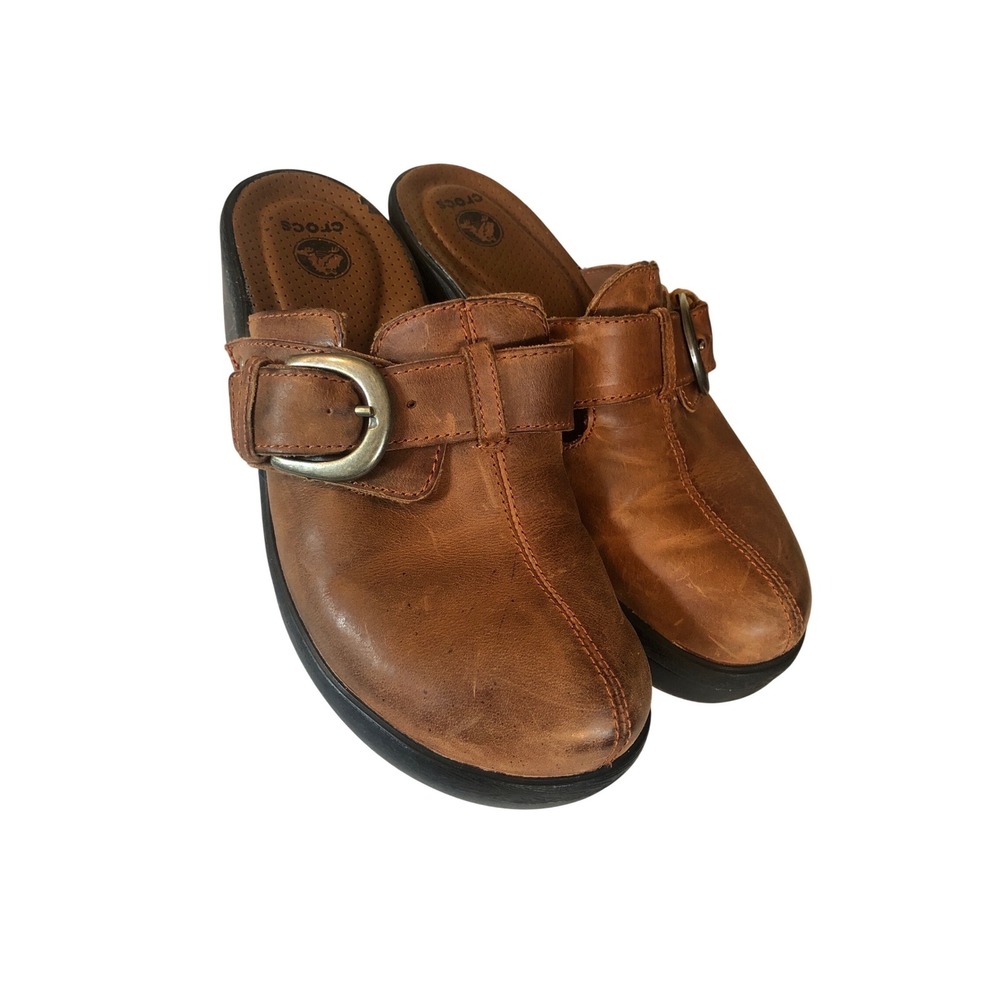 Crocs Vtg Leather Clogs Brown Buckle Platform Wedge Mule Shoes Boho Academia 7